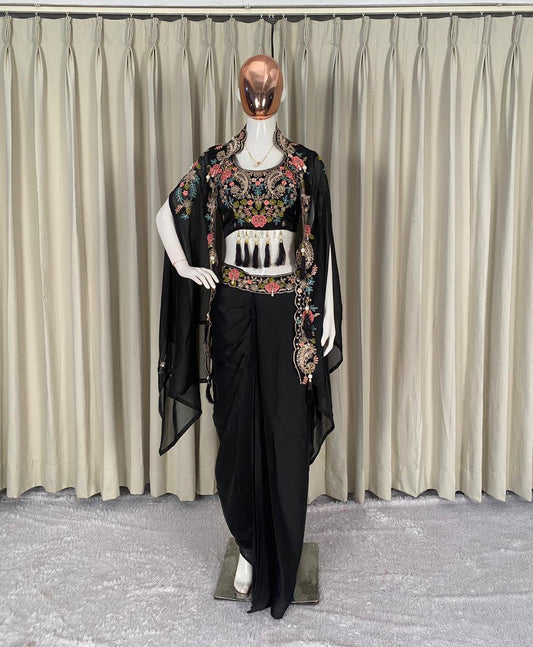 WEDDING SEASON OUR 3 PIECE INDO WESTERN SHRUG ,DHOTI AND BLOUSE WITH SEQUENCE EMBROIDERY WORK