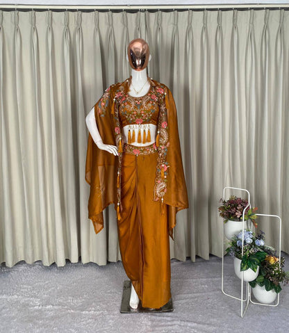 WEDDING SEASON OUR 3 PIECE INDO WESTERN SHRUG ,DHOTI AND BLOUSE WITH SEQUENCE EMBROIDERY WORK