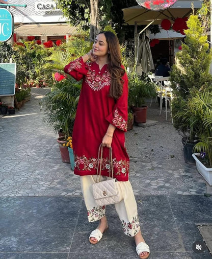 Red Embroidered Co-ord Set |