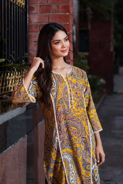 Women Self Design Cotton Pure Pakistani Long Kurta (Yellow)