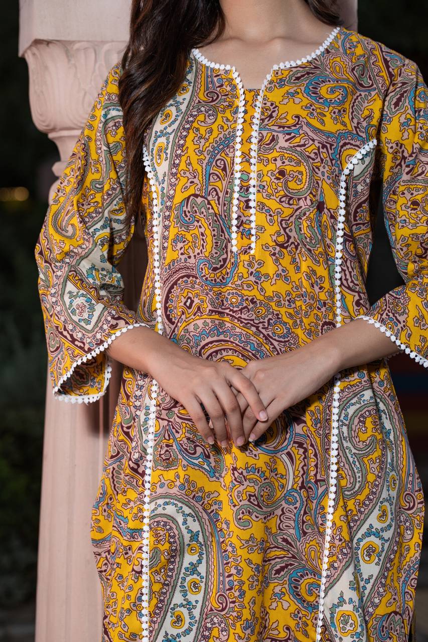 Women Self Design Cotton Pure Pakistani Long Kurta (Yellow)