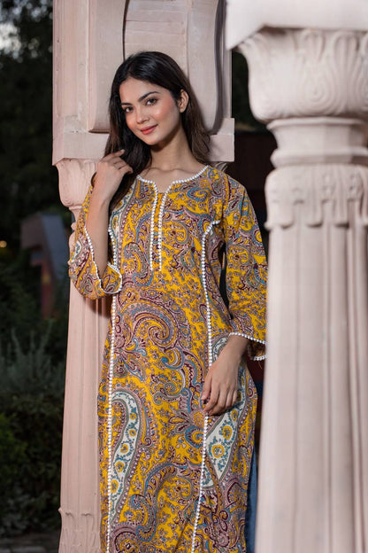 Women Self Design Cotton Pure Pakistani Long Kurta (Yellow)