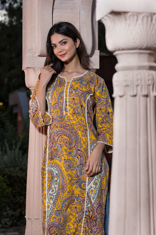 Women Self Design Cotton Pure Pakistani Long Kurta (Yellow)
