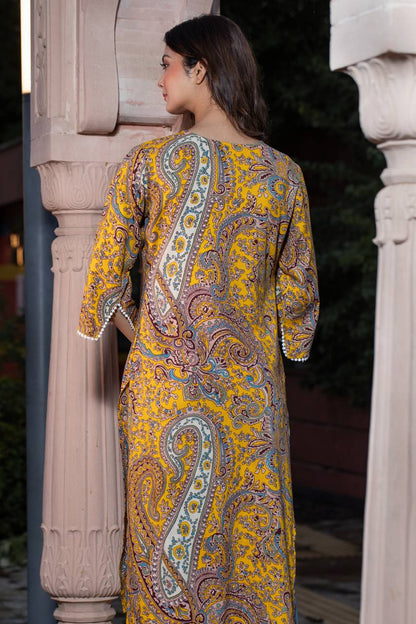 Women Self Design Cotton Pure Pakistani Long Kurta (Yellow)