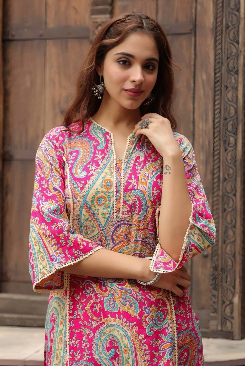 Women Self Design Cotton Pure Pakistani Long Kurta (Pink)