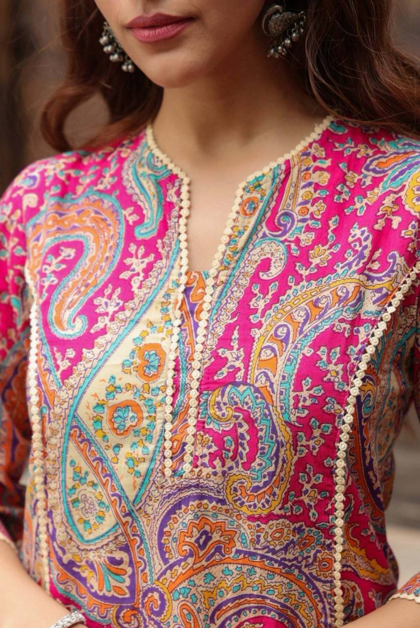 Women Self Design Cotton Pure Pakistani Long Kurta (Pink)