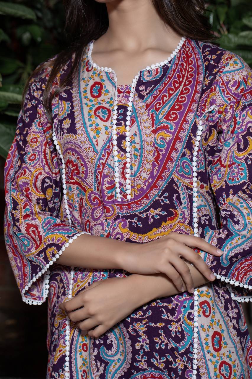 Women Self Design Cotton Pure Pakistani Long Kurta (Purple)