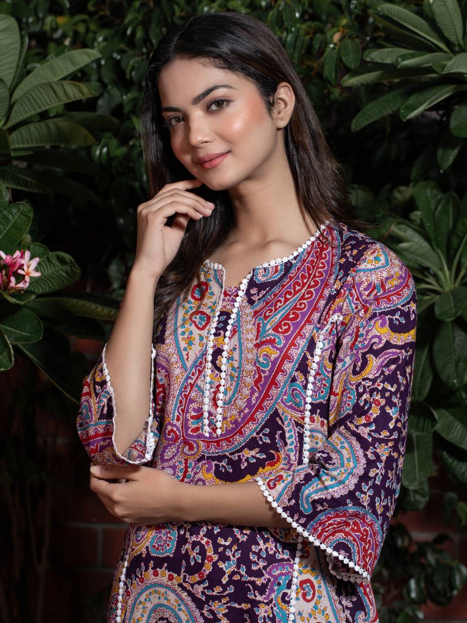 Women Self Design Cotton Pure Pakistani Long Kurta (Purple)