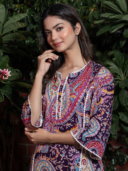 Women Self Design Cotton Pure Pakistani Long Kurta (Purple)
