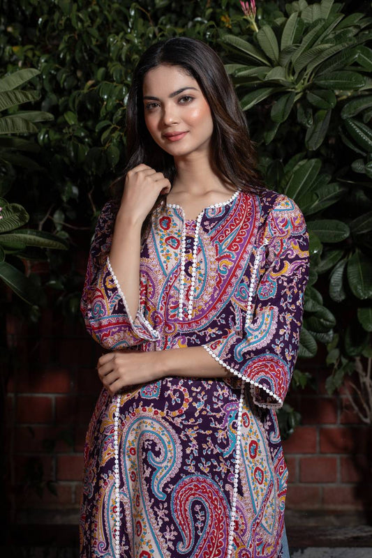 Women Self Design Cotton Pure Pakistani Long Kurta (Purple)