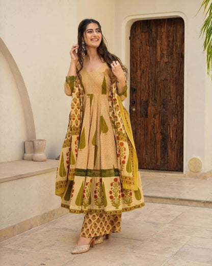 Premium Cotton Mustard Yellow Floral Anarkali Suit Set with Dupatta - Muntahaa
