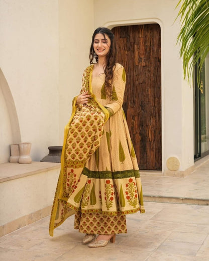 Mustard Yellow Floral Anarkali with Dupatta Side View - Muntahaa
