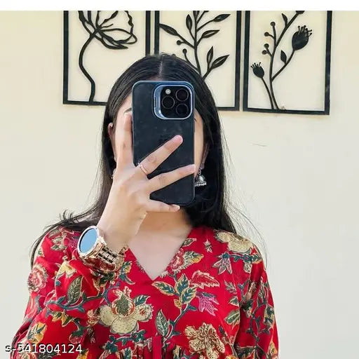 Women Floral Print Pure Cotton Red Flared Kurta